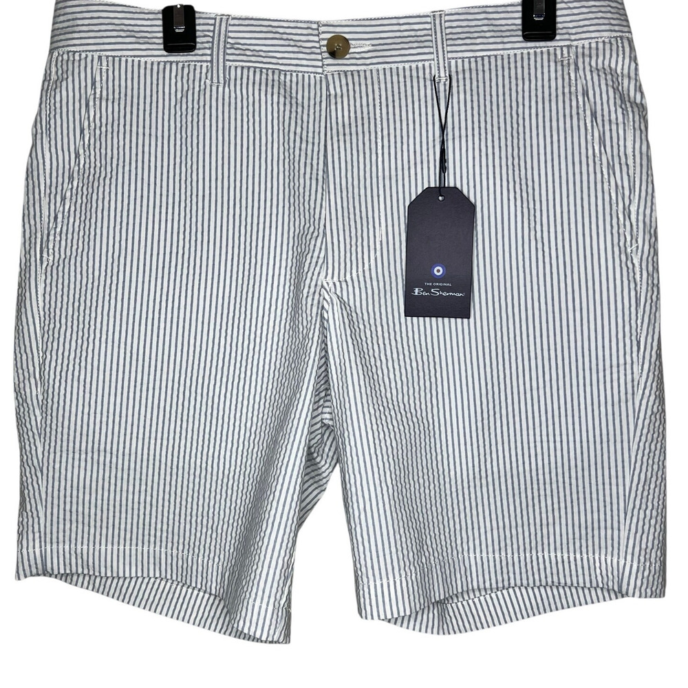 Ben Sherman Seersucker Chino Shorts 32 Mens Striped Preppy Blue White Flat Front